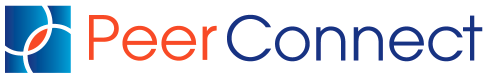 Logo for Peer Connect. Orange text Peer and navy text Connect, next to a square with an inner semicircular design.