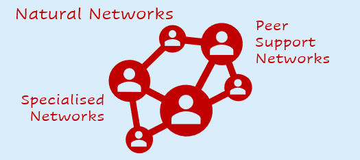 Image of social networks: natural networks, specialised networks, peer-support networks. All explained in text below.