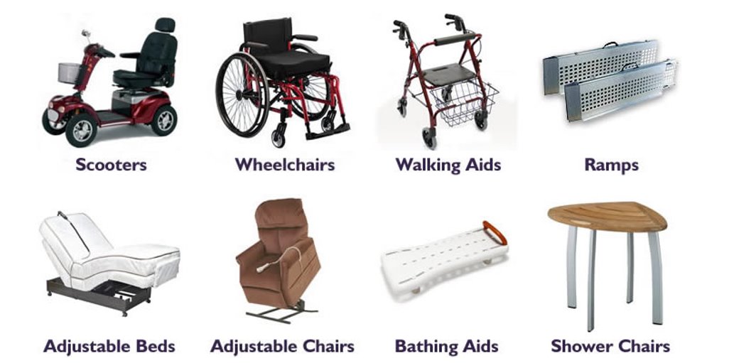 Examples of AT: Scooters, Wheelchairs, Walking Aids, Ramps, Adjustable Beds, Adjustable Chairs, Bathing Aids, Shower Chairs
