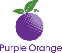 Logo for JFA Purple Orange. A purple orange with two green leaves.